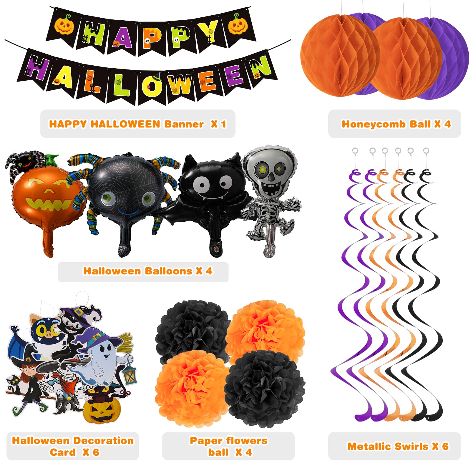 Halloween Birthday Party Decorations Indoor, Halloween Themed Party Supplies with Happy Halloween Banner Hanging Swirl Streamers Halloween Card Paper Flowers Balls Honeycomb Balls Foil Balloons
