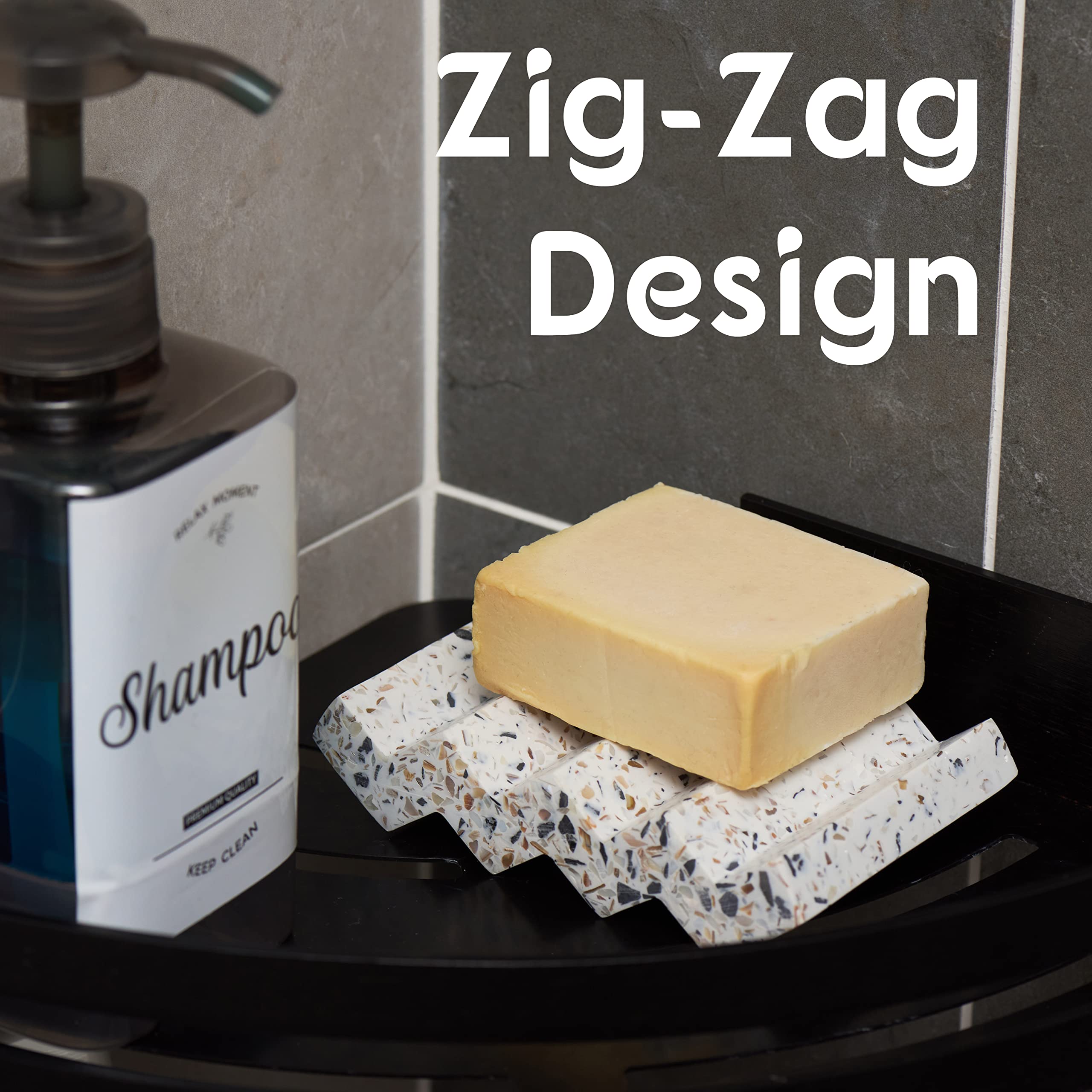 Tapeera Zig Zag Jesmonite Terrazzo Stone Soap Dish for Bathroom Sink - Concrete Soap Saver for Bar Soap Holder for Shower - Sponge Holder - Self Draining Soap Dish Holder - Kitchen Soap Tray (White)