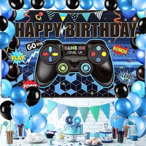 party spot! video game party decorations, video game birthday decorations for boys, gamer birthday decorations - balloon pump, video game backdrop, table covers (blue and black)