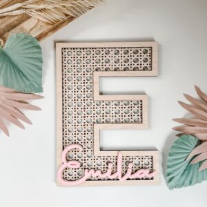 custom boho wood personalized initial & name sign, 3d layered letter handmade rattan wall decor for nursery or child's bedroom - baby shower, newborn, girl or boy's birthday gift