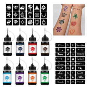 motjiao temporary tattoo kit/waterproof lasting for 3-7 days(natural plants based) including 178 pcs free stencils/temporary tattoo ink 8 bottles with 8 colors suitable for kids and adults