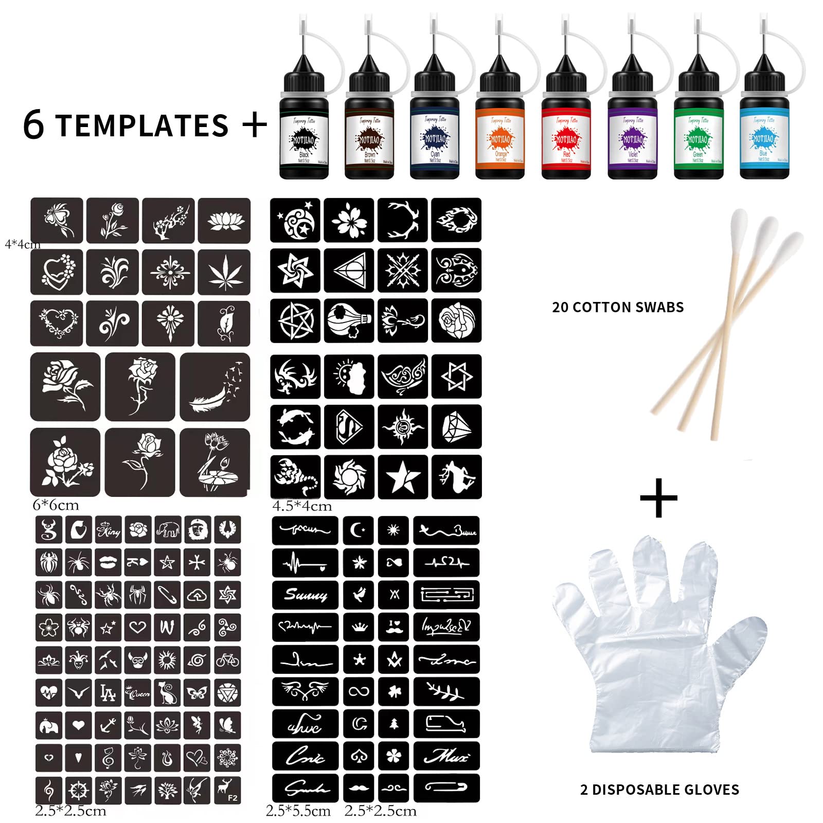 MOTJIAO Temporary Tattoo Kit/Waterproof Lasting for 3-7 days(Natural Plants Based) Including 178 Pcs Free Stencils/Temporary Tattoo ink 8 Bottles with 8 Colors Suitable for Kids and adults