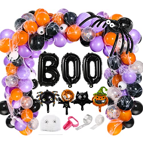 118 Pcs Halloween Balloons Garland Arch Kit, Orange Black Purple Latex Party Balloons Set with Pumpkin Spider Bat Tree Man BOO Foil Balloons and Confetti Balloons for Halloween Party Decorations