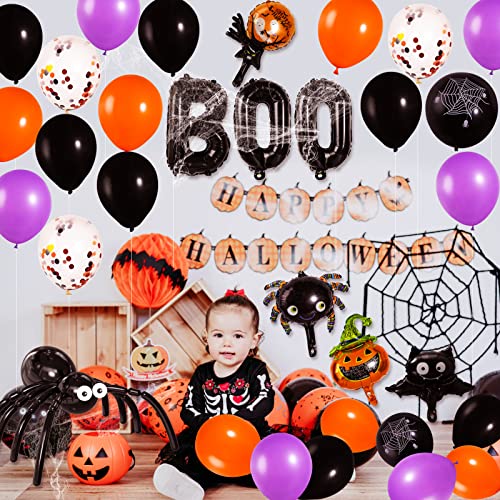 118 Pcs Halloween Balloons Garland Arch Kit, Orange Black Purple Latex Party Balloons Set with Pumpkin Spider Bat Tree Man BOO Foil Balloons and Confetti Balloons for Halloween Party Decorations