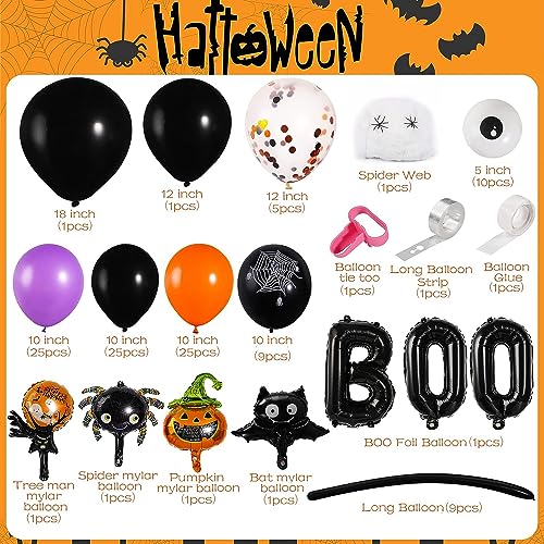 118 Pcs Halloween Balloons Garland Arch Kit, Orange Black Purple Latex Party Balloons Set with Pumpkin Spider Bat Tree Man BOO Foil Balloons and Confetti Balloons for Halloween Party Decorations