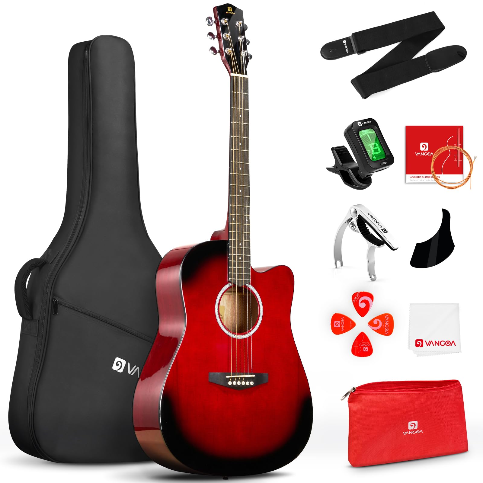 Acoustic Guitar, Cutaway Acoustic Guitar Full Size Dreadnought Acustica Guitarra Bundle with Gig Bag for Adults Teens Beginners Professionals, Red by Vangoa…