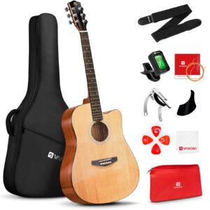 acoustic guitar, cutaway acoustic guitar full size dreadnought acustica guitarra bundle with gig bag for adults teens beginners professionals, natural by vangoa