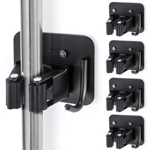 yuwanting stainless steel broom holder, heavy duty, rust resistant, 4 gripper positions with 4 hooks, black