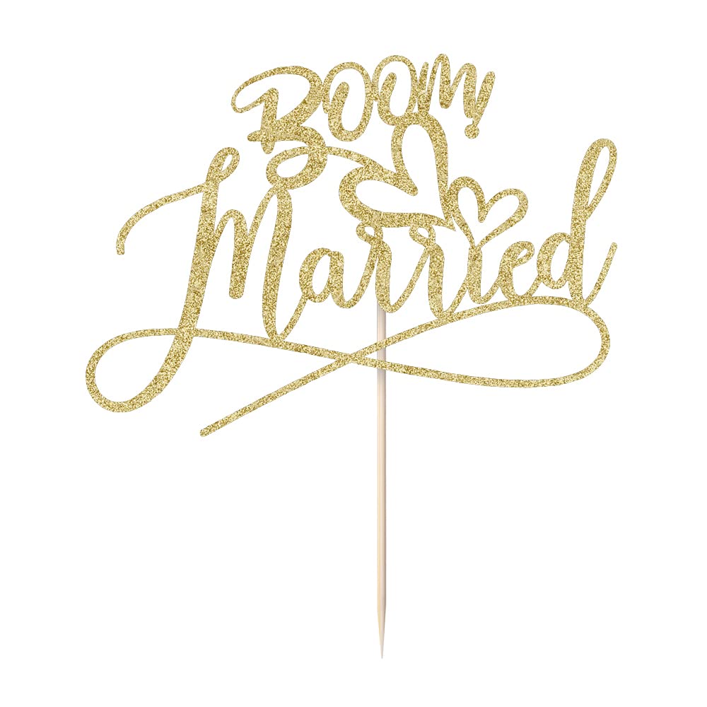 Sodasos BOOM! Married Wedding Cake Topper,Funny Cake Topper, Quirky, Nerdy Topper，Married Cake Topper，Bridal Shower，Theme Wedding Party Supplies (gold)