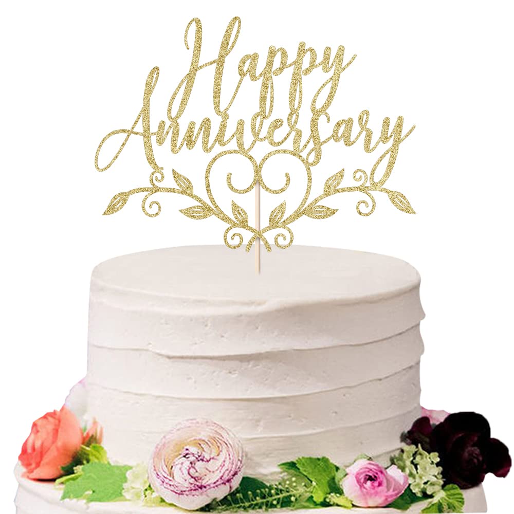 Sodasos Glitter Happy Anniversary Cake Topper,Wedding Anniversary Cake Toppers, Happy Anniversary Party Decorating supplies (gold)