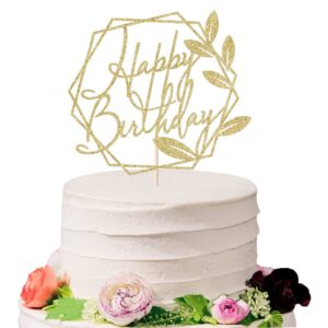 sodasos gold glitter happy birthday cake topper，with leaves glitter birthday party decoration supplie cake sign party，for man woman birthday party decoration (golden)