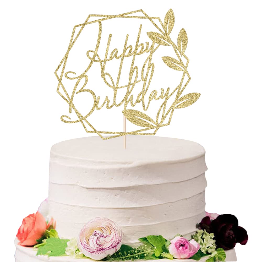 Sodasos Gold Glitter Happy Birthday Cake Topper，with leaves Glitter Birthday Party Decoration Supplie Cake Sign Party，For Man Woman Birthday Party Decoration (golden)