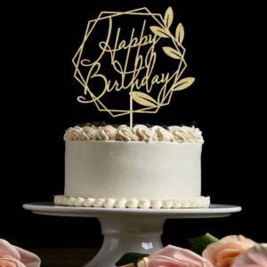 Sodasos Gold Glitter Happy Birthday Cake Topper，with leaves Glitter Birthday Party Decoration Supplie Cake Sign Party，For Man Woman Birthday Party Decoration (golden)