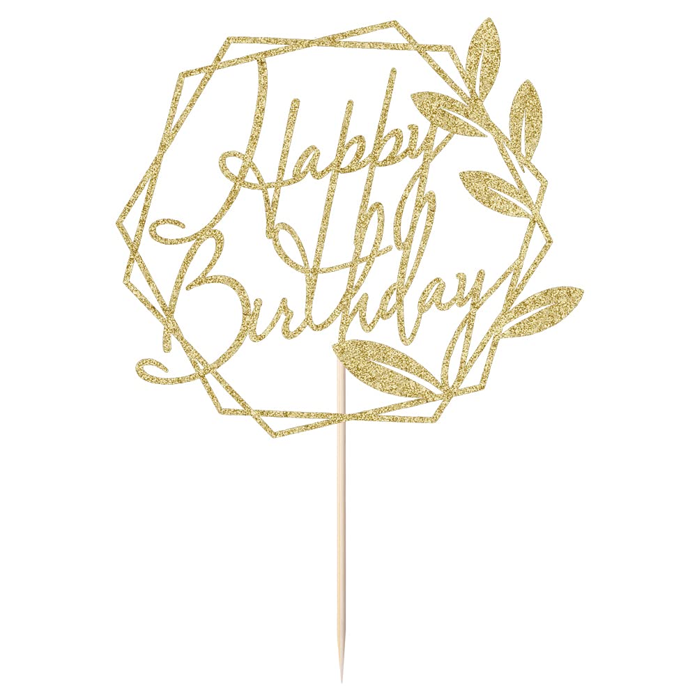 Sodasos Gold Glitter Happy Birthday Cake Topper，with leaves Glitter Birthday Party Decoration Supplie Cake Sign Party，For Man Woman Birthday Party Decoration (golden)
