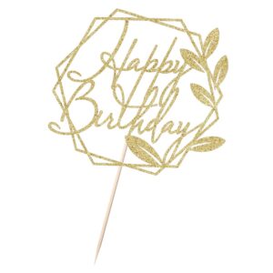 Sodasos Gold Glitter Happy Birthday Cake Topper，with leaves Glitter Birthday Party Decoration Supplie Cake Sign Party，For Man Woman Birthday Party Decoration (golden)