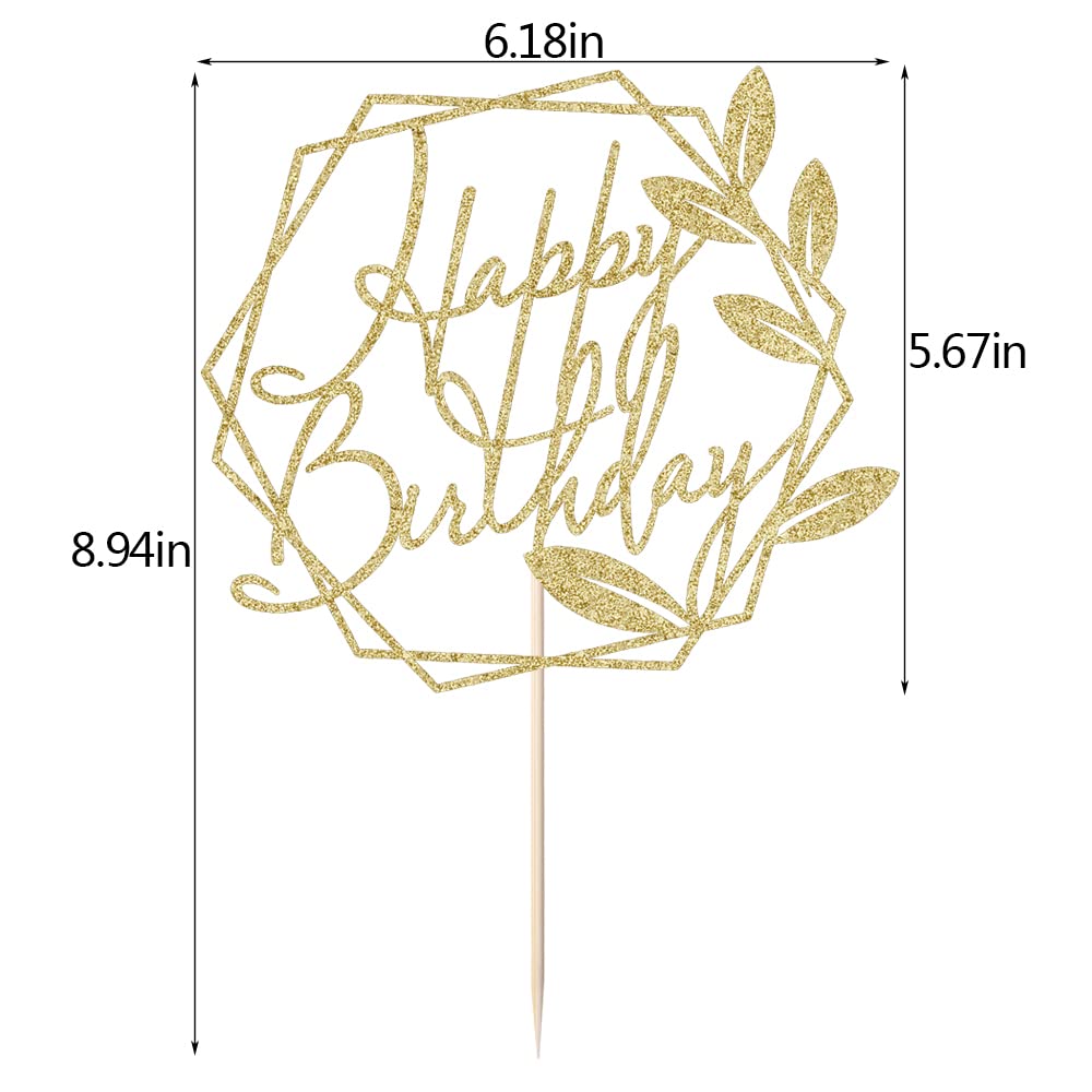 Sodasos Gold Glitter Happy Birthday Cake Topper，with leaves Glitter Birthday Party Decoration Supplie Cake Sign Party，For Man Woman Birthday Party Decoration (golden)