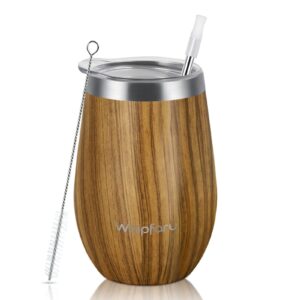 waipfaru wine tumbler, 14 oz insulated wine tumbler with lid and straw, stainless steel stemless cup, double wall vacuum wine tumbler for wine coffee cocktails champagne (wood grain)