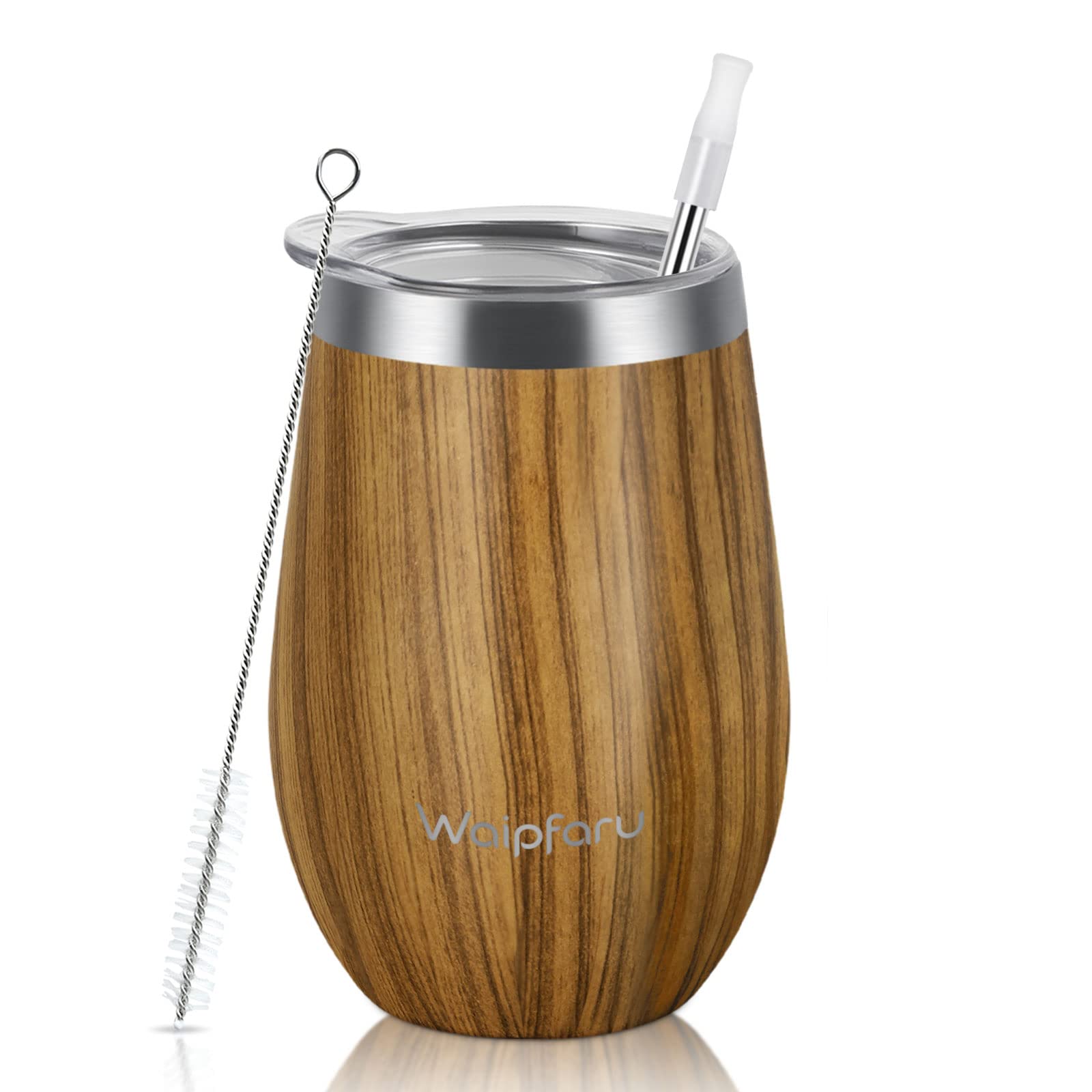 Waipfaru Wine Tumbler, 14 Oz Insulated Wine Tumbler With Lid and Straw, Stainless Steel Stemless Cup, Double Wall Vacuum Wine Tumbler for Wine Coffee Cocktails Champagne (Wood Grain)