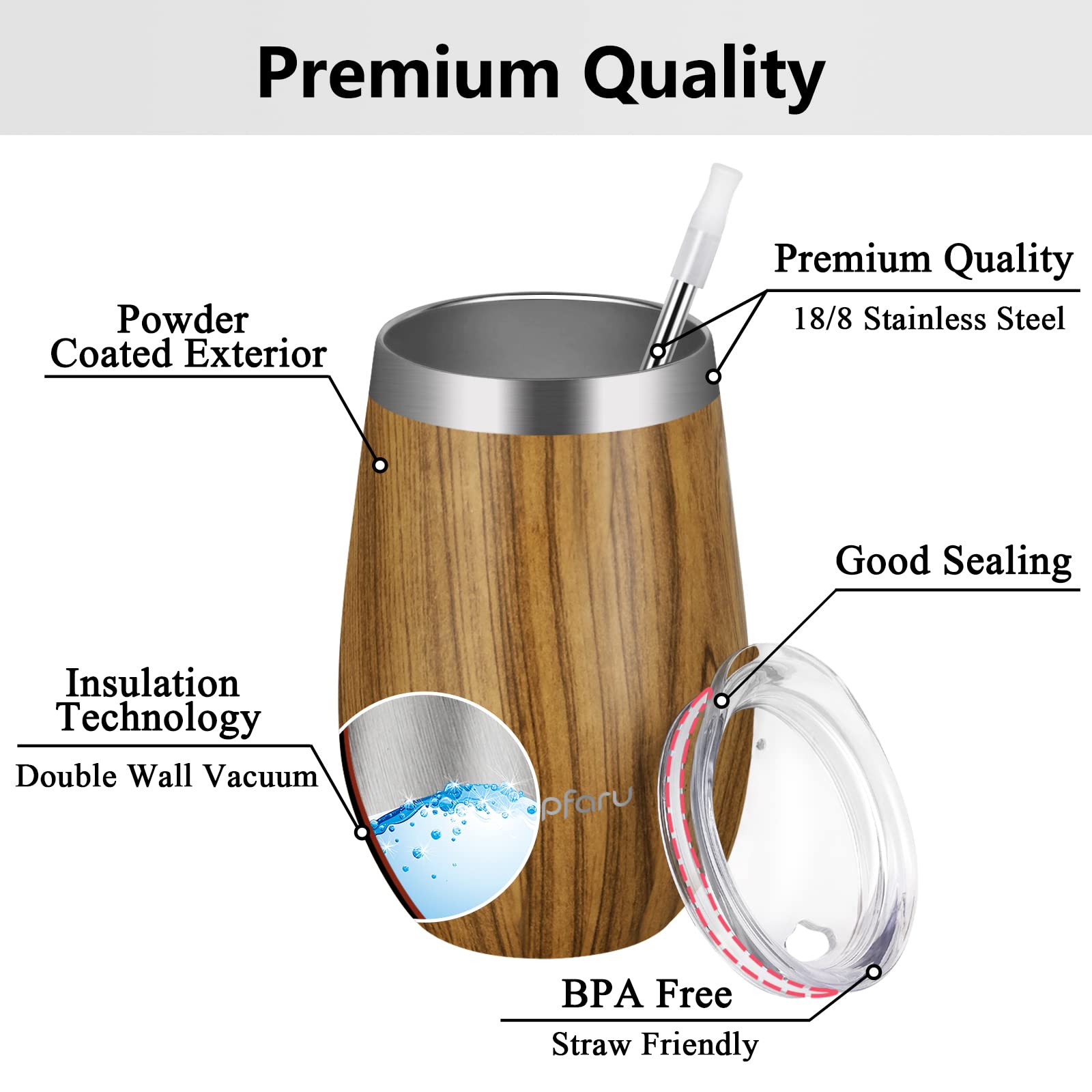 Waipfaru Wine Tumbler, 14 Oz Insulated Wine Tumbler With Lid and Straw, Stainless Steel Stemless Cup, Double Wall Vacuum Wine Tumbler for Wine Coffee Cocktails Champagne (Wood Grain)