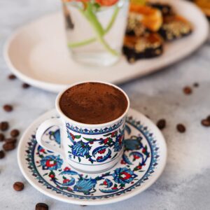 Turkish Coffee Cup Set - Turkish Coffee Cups Set of 2 with Saucers and Cup Holder for Home Office, Ceramic Keeps Coffee Warm, Dishwasher-safe, Create happy times with the patterned coffee mug set.