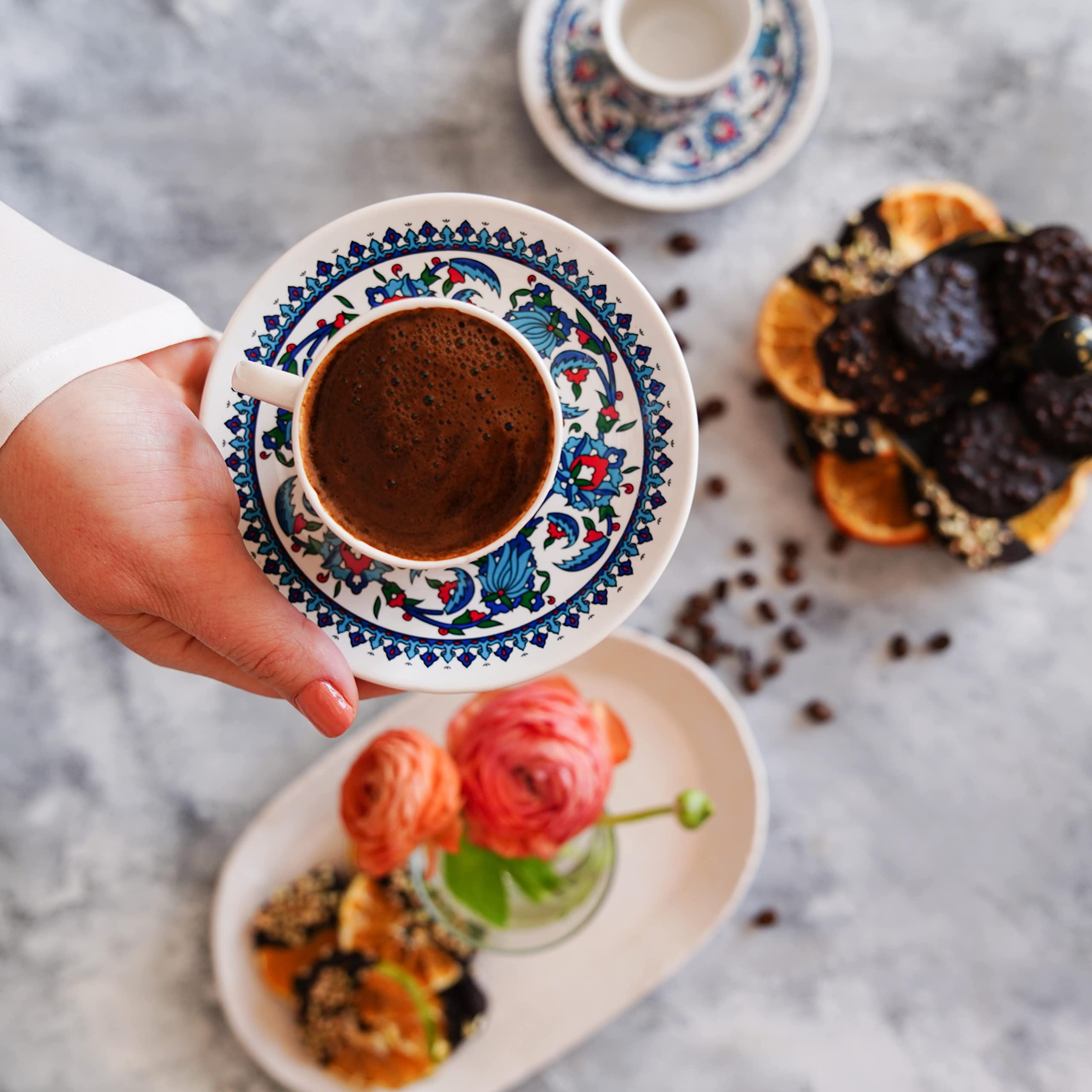 Turkish Coffee Cup Set - Turkish Coffee Cups Set of 2 with Saucers and Cup Holder for Home Office, Ceramic Keeps Coffee Warm, Dishwasher-safe, Create happy times with the patterned coffee mug set.