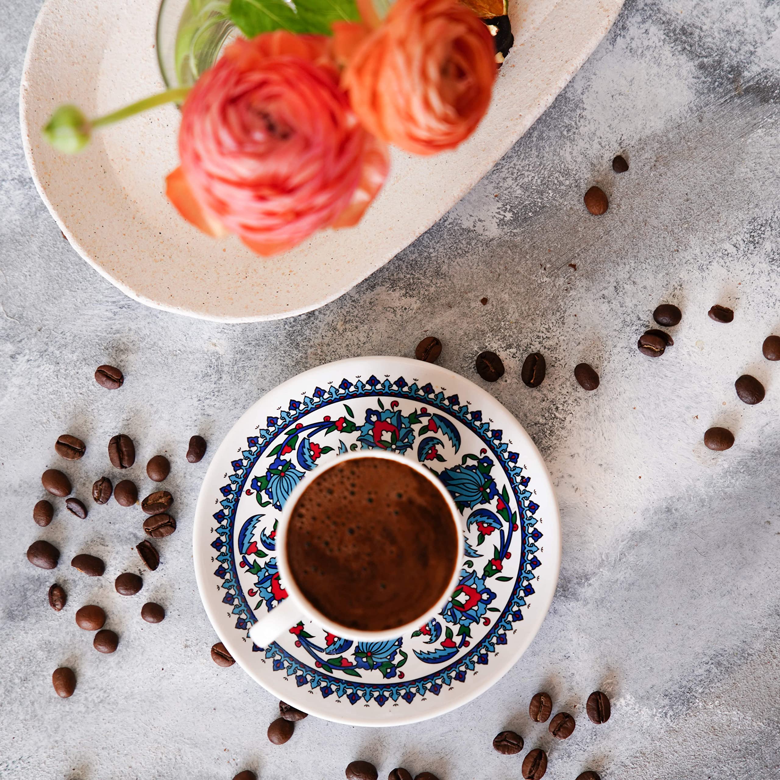 Turkish Coffee Cup Set - Turkish Coffee Cups Set of 2 with Saucers and Cup Holder for Home Office, Ceramic Keeps Coffee Warm, Dishwasher-safe, Create happy times with the patterned coffee mug set.