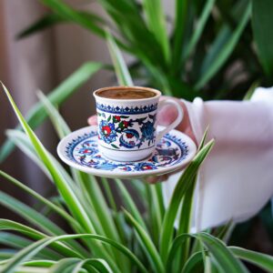 Turkish Coffee Cup Set - Turkish Coffee Cups Set of 2 with Saucers and Cup Holder for Home Office, Ceramic Keeps Coffee Warm, Dishwasher-safe, Create happy times with the patterned coffee mug set.