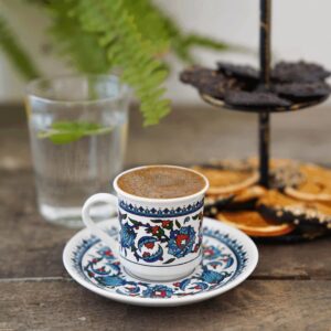 Turkish Coffee Cup Set - Turkish Coffee Cups Set of 2 with Saucers and Cup Holder for Home Office, Ceramic Keeps Coffee Warm, Dishwasher-safe, Create happy times with the patterned coffee mug set.