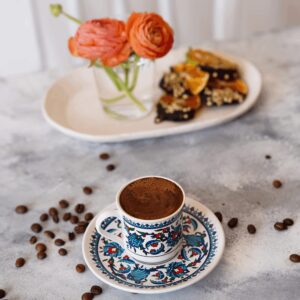 Turkish Coffee Cup Set - Turkish Coffee Cups Set of 2 with Saucers and Cup Holder for Home Office, Ceramic Keeps Coffee Warm, Dishwasher-safe, Create happy times with the patterned coffee mug set.