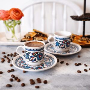 Turkish Coffee Cup Set - Turkish Coffee Cups Set of 2 with Saucers and Cup Holder for Home Office, Ceramic Keeps Coffee Warm, Dishwasher-safe, Create happy times with the patterned coffee mug set.