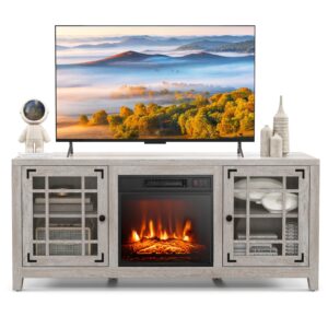 costway electric fireplace tv stand for tvs up to 65-inch, 18-inch fireplace entertainment center with remote control, thermostat, tv console with adjustable shelves for living room bedroom, natural