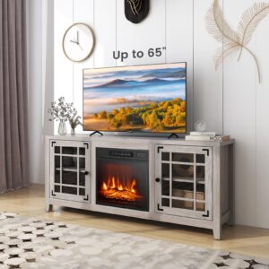 COSTWAY Electric Fireplace TV Stand for TVs up to 65-inch, 18-inch Fireplace Entertainment Center with Remote Control, Thermostat, TV Console with Adjustable Shelves for Living Room Bedroom, Natural