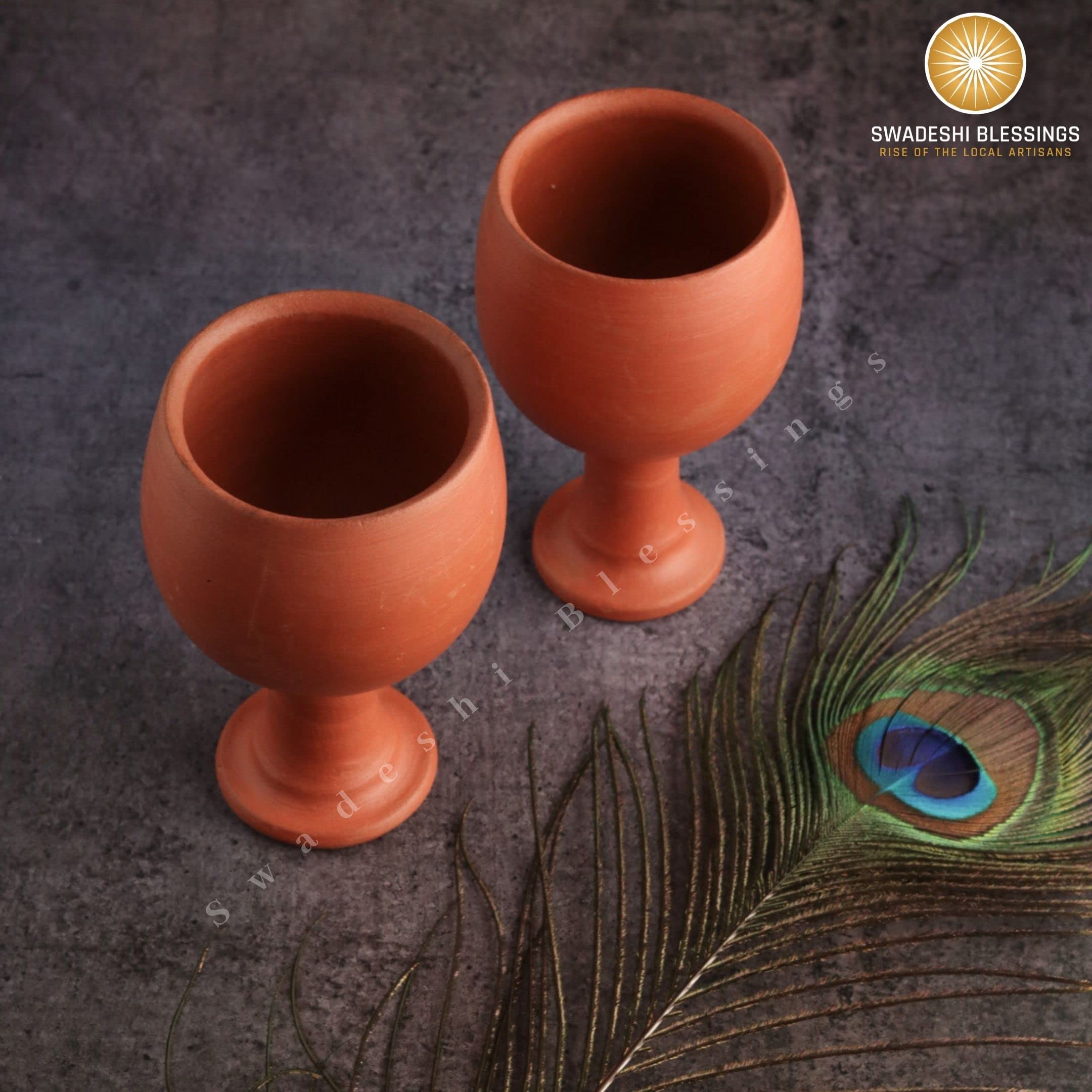 SWADESHI BLESSINGS Vintage HandMade Royal Clay Goblet Set of 2/Tumblers 200ml/Royal Chalice Cup/Antique Wine Glass/Drinking Glass/HouseWarming-Birthday Gifts (Set of 2)