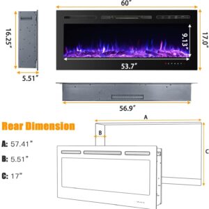 60 Inches Recessed Electric Fireplace Insert, 9 Levels Adjustable Flame Brightness Energy Saving Heating Electric Fireplace Heater W/ Touch Panel, Remote Control, Sleep Mode, 2 Heating Options, Black