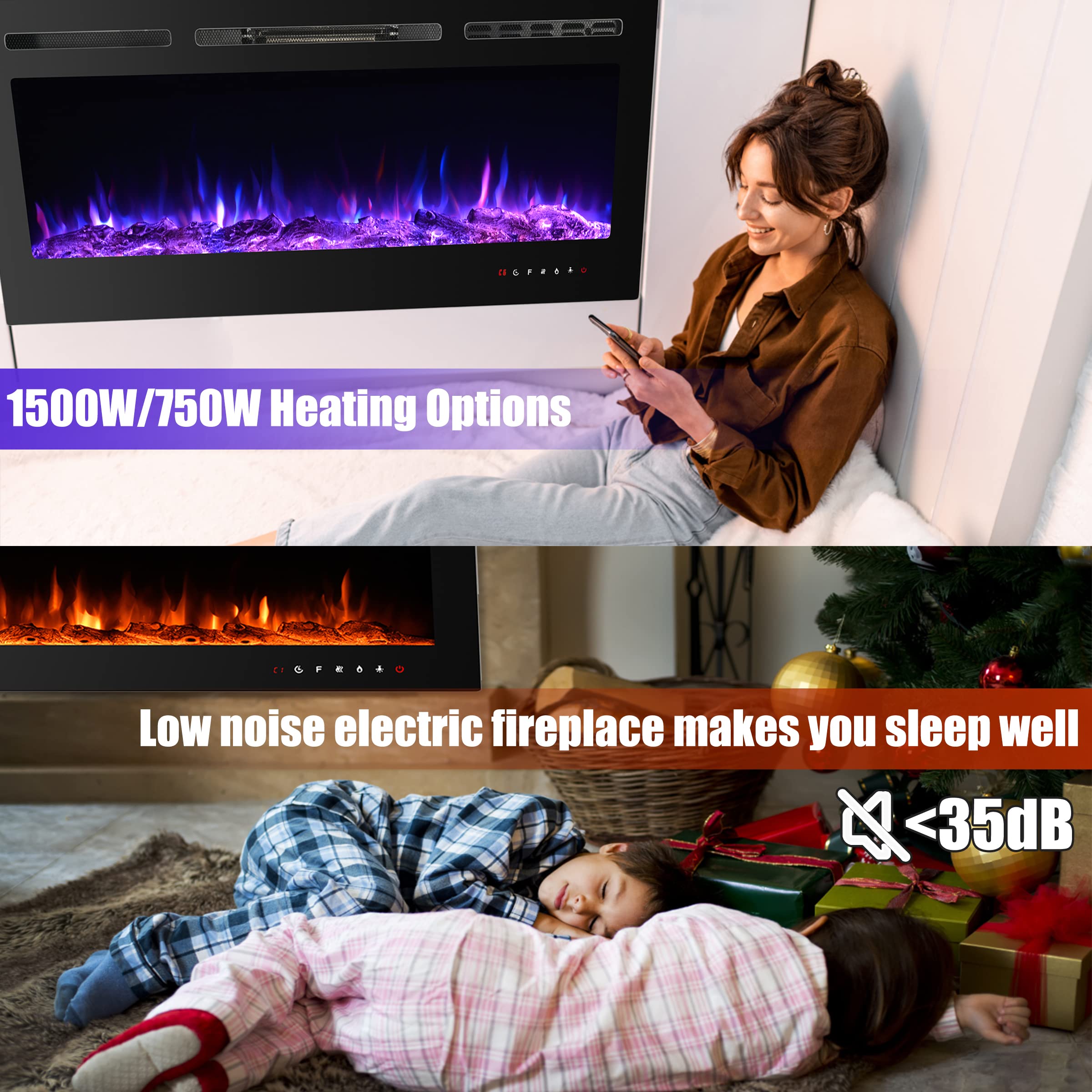 60 Inches Recessed Electric Fireplace Insert, 9 Levels Adjustable Flame Brightness Energy Saving Heating Electric Fireplace Heater W/ Touch Panel, Remote Control, Sleep Mode, 2 Heating Options, Black