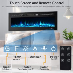 60 Inches Recessed Electric Fireplace Insert, 9 Levels Adjustable Flame Brightness Energy Saving Heating Electric Fireplace Heater W/ Touch Panel, Remote Control, Sleep Mode, 2 Heating Options, Black