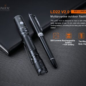 Fenix LD22 v2.0 AA Flashlight, 800 Lumen Rechargeable Penlight for EDC, Compatible with 2X AA Batteries with LumenTac Battery Organizer