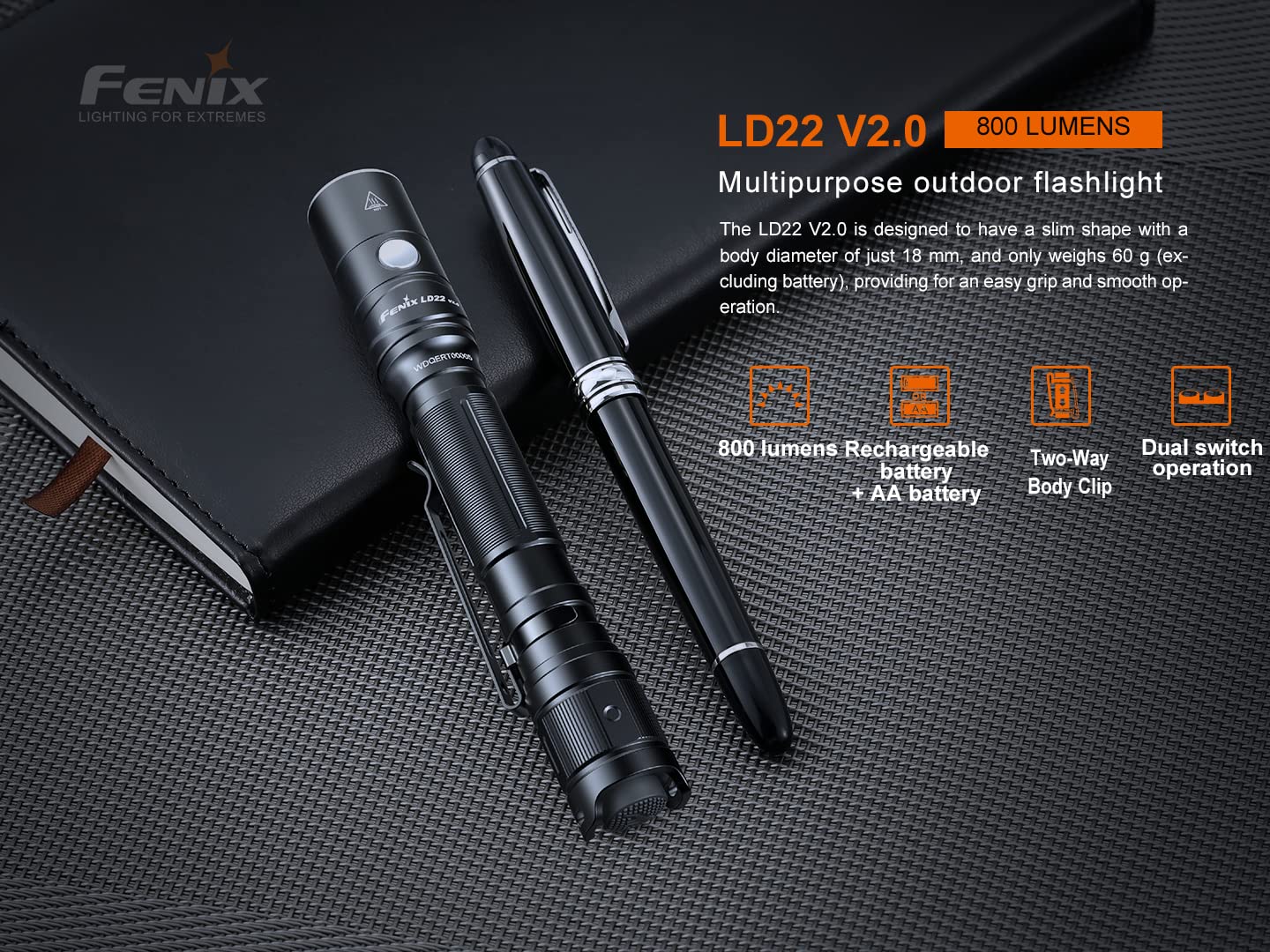 Fenix LD22 v2.0 AA Flashlight, 800 Lumen Rechargeable Penlight for EDC, Compatible with 2X AA Batteries with LumenTac Battery Organizer