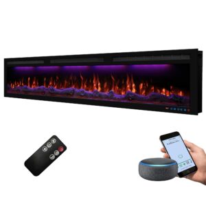 dreamflame 72" wifi-enabled electric fireplace, smart control via alexa or app, recessed & wall mounted fireplace heater with thermostat, slim frame, multi-color combinations, black