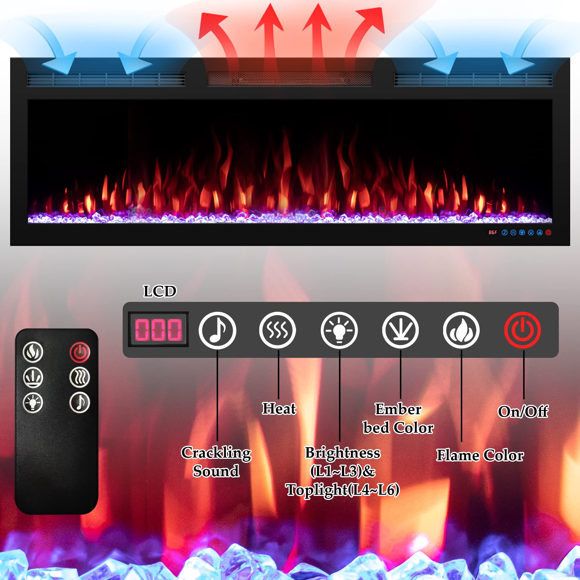 Dreamflame 72" WiFi-Enabled Electric Fireplace, Smart Control via Alexa or App, Recessed & Wall Mounted Fireplace Heater with Thermostat, Slim Frame, Multi-Color Combinations, Black