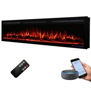 dreamflame 60" wifi-enabled electric fireplace, smart control via alexa or app, recessed & wall mounted fireplace heater with thermostat, slim frame, multi-color combinations, black