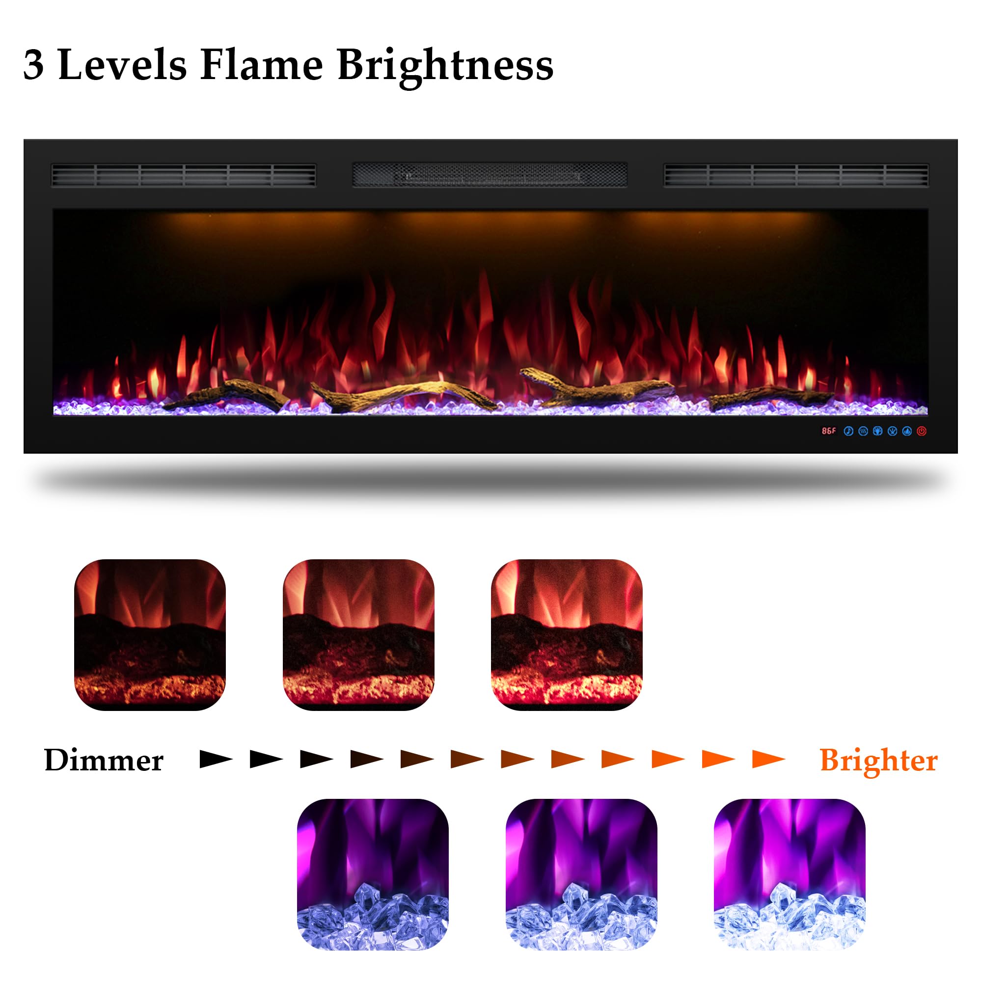 Dreamflame 60" WiFi-Enabled Electric Fireplace, Smart Control via Alexa or App, Recessed & Wall Mounted Fireplace Heater with Thermostat, Slim Frame, Multi-Color Combinations, Black