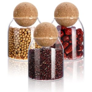 3 pcs cork glass jar glass bottle sealed jar nut storage jar coffee bean jar glass container with ball cork round glass bottles with cork glass canisters with airtight seal wooden lid (500 ml/ 17 oz)