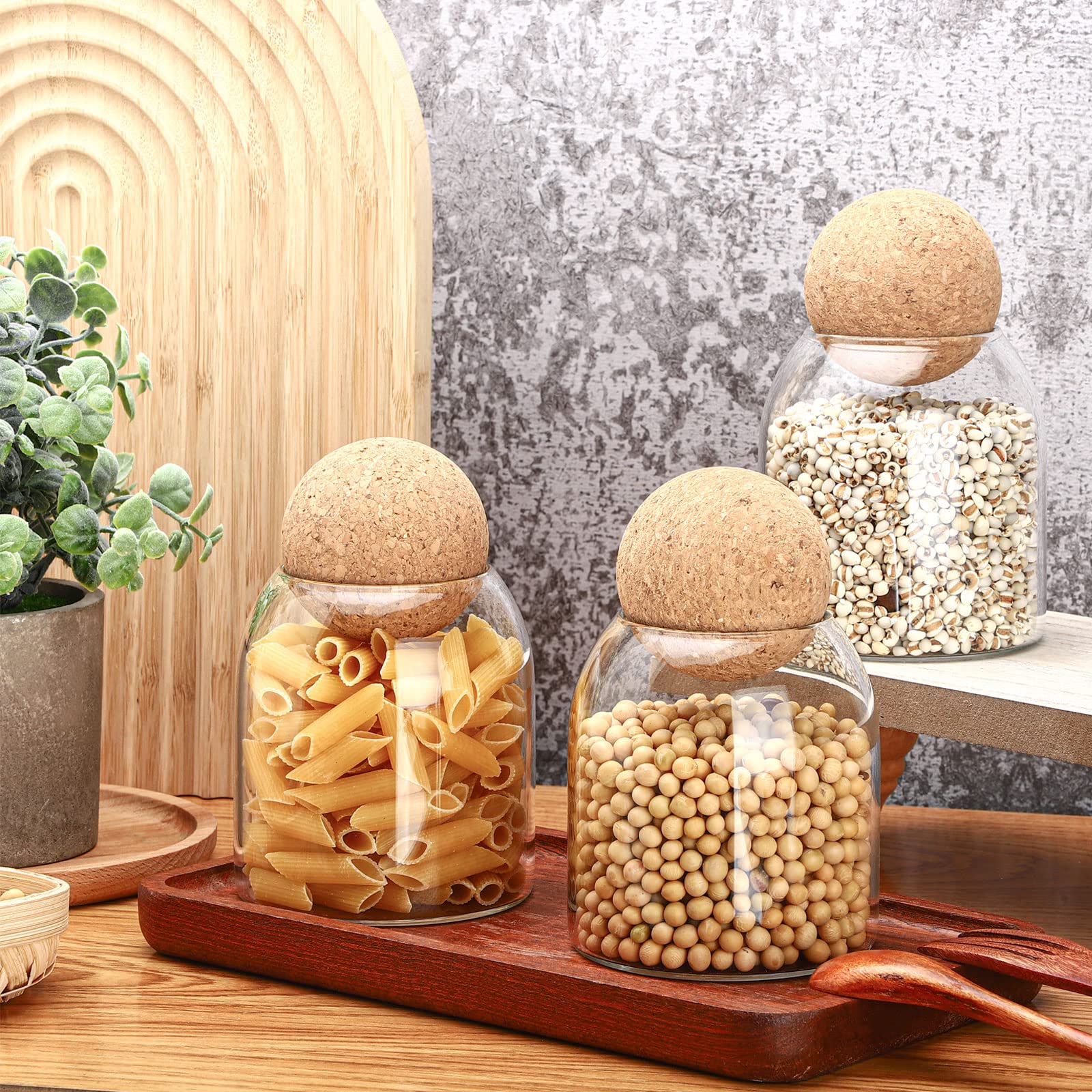 3 Pcs Cork Glass Jar Glass Bottle Sealed Jar Nut Storage Jar Coffee Bean Jar Glass Container with Ball Cork Round Glass Bottles with Cork Glass Canisters with Airtight Seal Wooden Lid (500 ML/ 17 Oz)