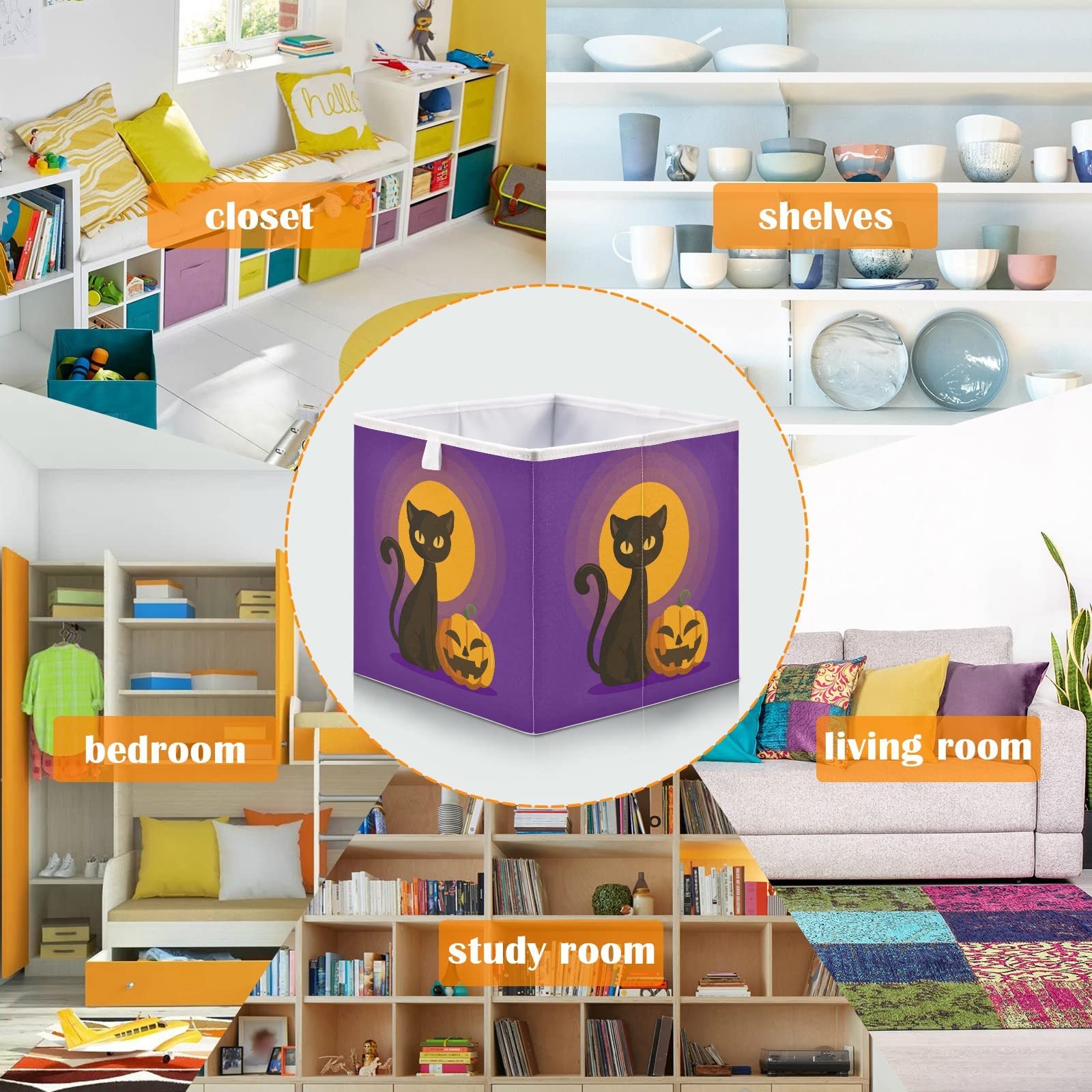 Emelivor Black Cat Halloween Cube Storage Bin Foldable Storage Cubes Waterproof Toy Basket for Cube Organizer Bins for Kids Girls Boys Toys Book Office Home Shelf Closet - 11.02x11.02x11.02 IN