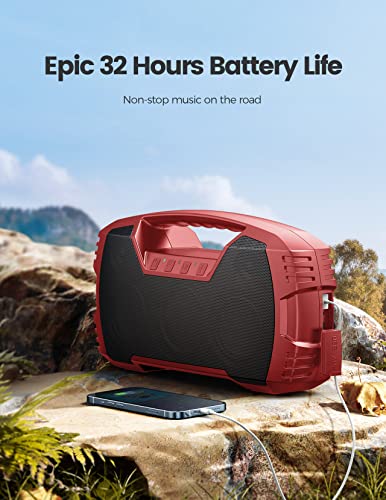 IPX7 Waterproof Bluetooth Speaker, 40W Portable Wireless Speaker, 32H Playtime, Stereo Loud Sound, Deep Bass, Outdoor Speaker with Handle, Bluetooth 5.0, Built-in Mic for Camping,Party,Pool,Beach-Red