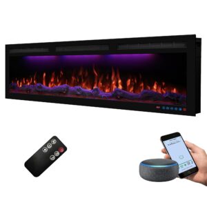 dreamflame 50" wifi-enabled electric fireplace, smart control via alexa or app, recessed & wall mounted fireplace heater with thermostat, slim frame, multi-color combinations, black