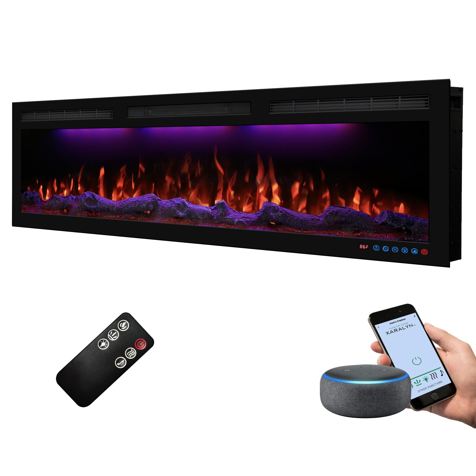 Dreamflame 50" WiFi-Enabled Electric Fireplace, Smart Control via Alexa or App, Recessed & Wall Mounted Fireplace Heater with Thermostat, Slim Frame, Multi-Color Combinations, Black