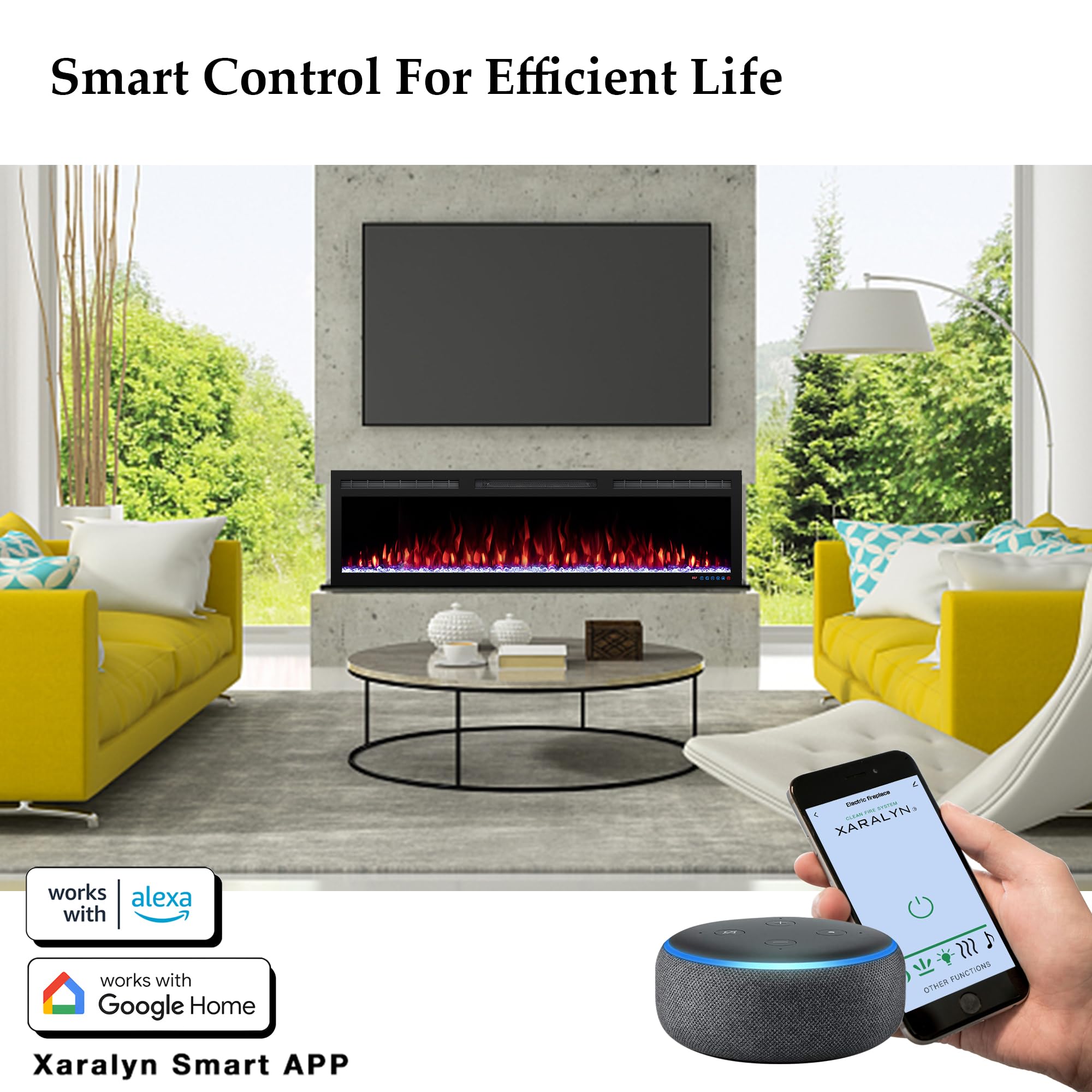 Dreamflame 50" WiFi-Enabled Electric Fireplace, Smart Control via Alexa or App, Recessed & Wall Mounted Fireplace Heater with Thermostat, Slim Frame, Multi-Color Combinations, Black