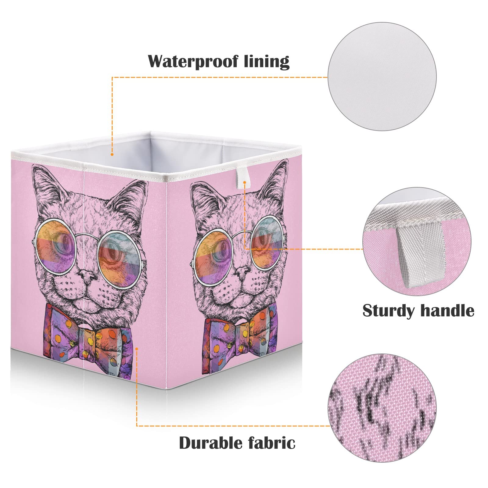 Emelivor Cat Pink Portrait Cube Storage Bin Collapsible Storage Bins Waterproof Toy Basket for Cube Organizer Bins for Kids Nursery Book Bathroom Closet Girls Boys - 11.02x11.02x11.02 IN